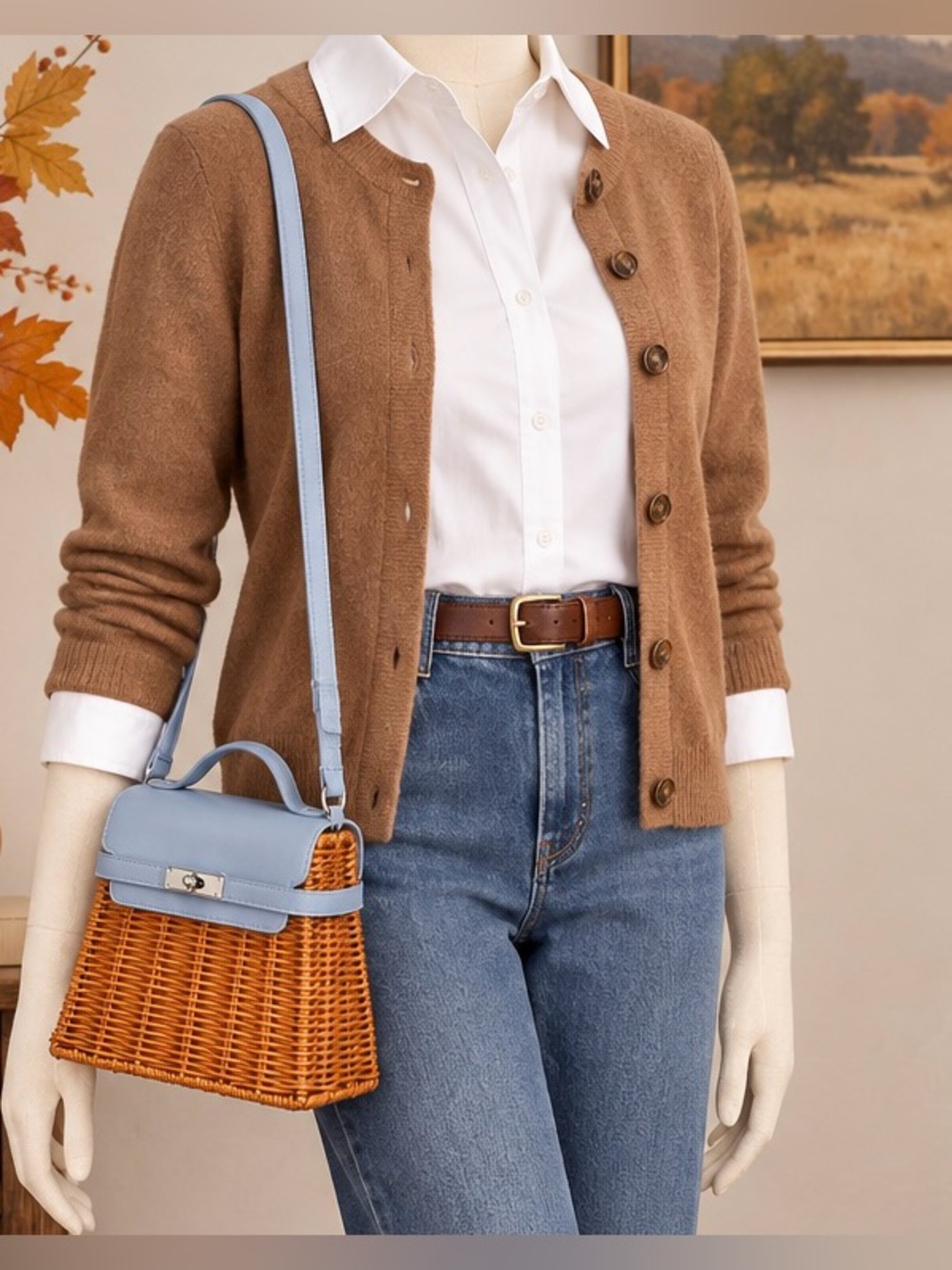 Gianni Bini Sky Blue Leather Trim Wicker Crossbody Bag NWT